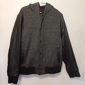 Tony Hawk Jacket Mens L Gray Black Faux Leather Sleeves Full Zip Snap